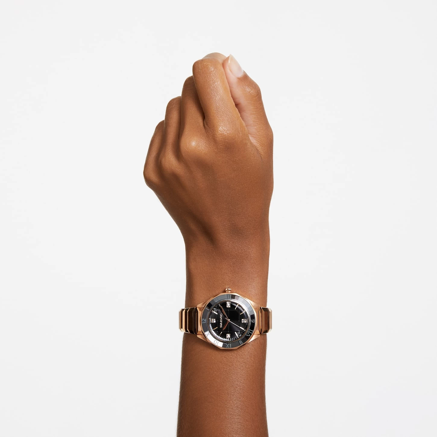 Swarovski 37mm Watch Swiss Made, Metal Bracelet, Black, Rose Gold-tone Finish