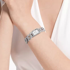 Swarovski Cocktail Watch Swiss Made, Full Pavé, Metal Bracelet, Silver Tone, Stainless Steel