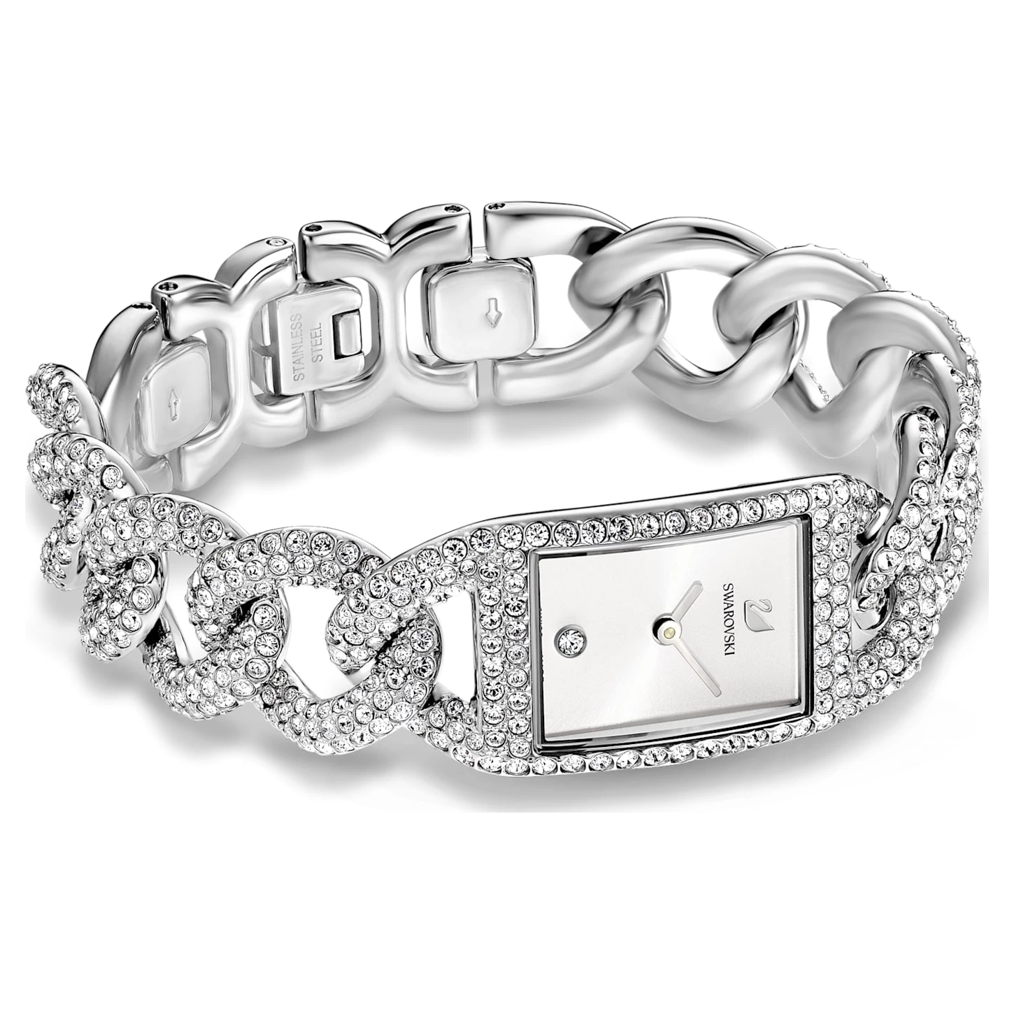 Swarovski Cocktail Watch Swiss Made, Full Pavé, Metal Bracelet, Silver Tone, Stainless Steel - Image 4
