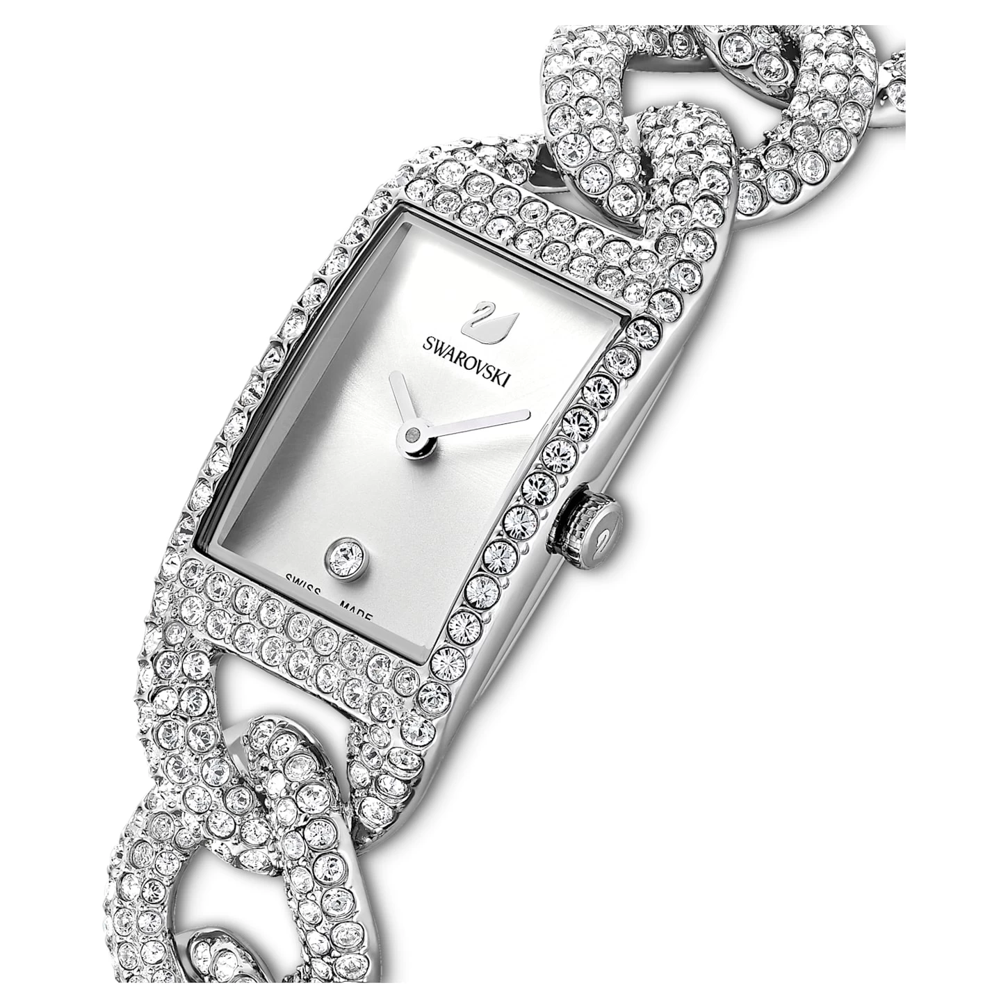Swarovski Cocktail Watch Swiss Made, Full Pavé, Metal Bracelet, Silver Tone, Stainless Steel - Image 5