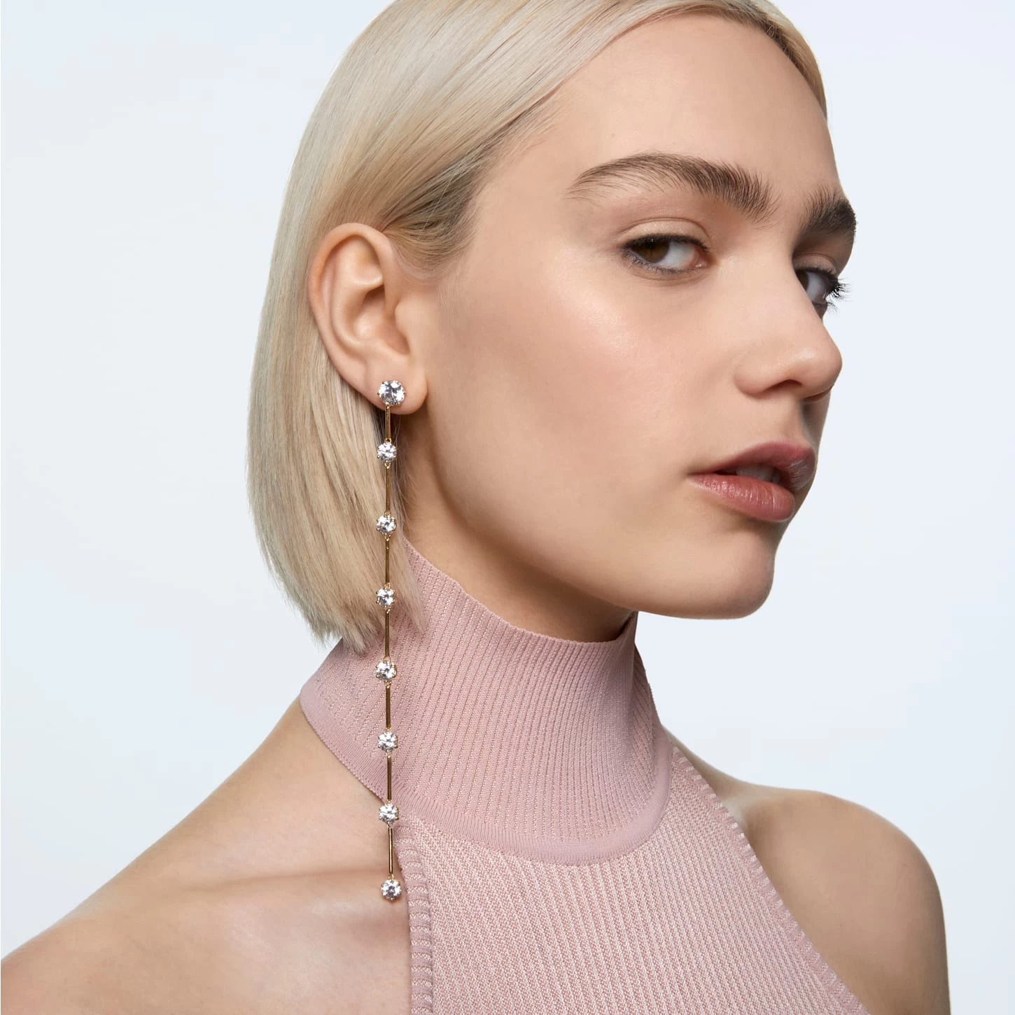 Swarovski Constella Drop Earrings Asymmetrical Design, Round Cut, White, Shiny gold-tone Plated - Image 4