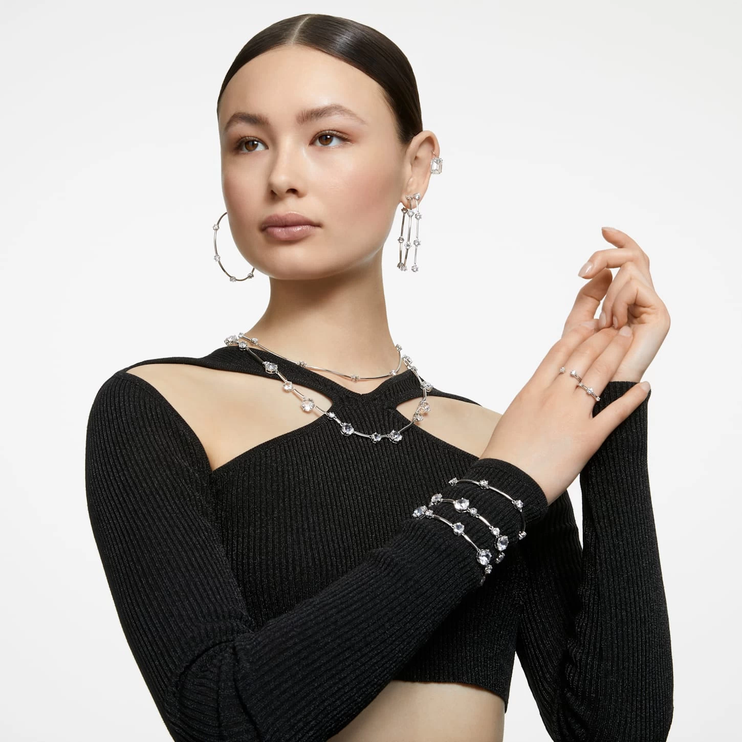 Swarovski Constella Hoop Earrings Round Cut, Small, White, Rhodium Plated - Image 5