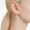 Swarovski Dextera Hoop Earrings Asymmetrical Design, Interlocking Loop, White, Gold-tone Plated