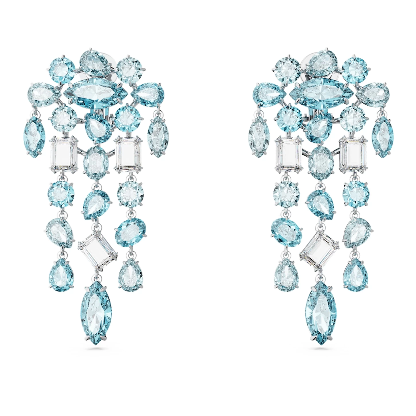 Swarovski Gema Clip Earrings Mixed Cuts, Chandelier, Extra Long, Blue, Rhodium Plated - Image 2