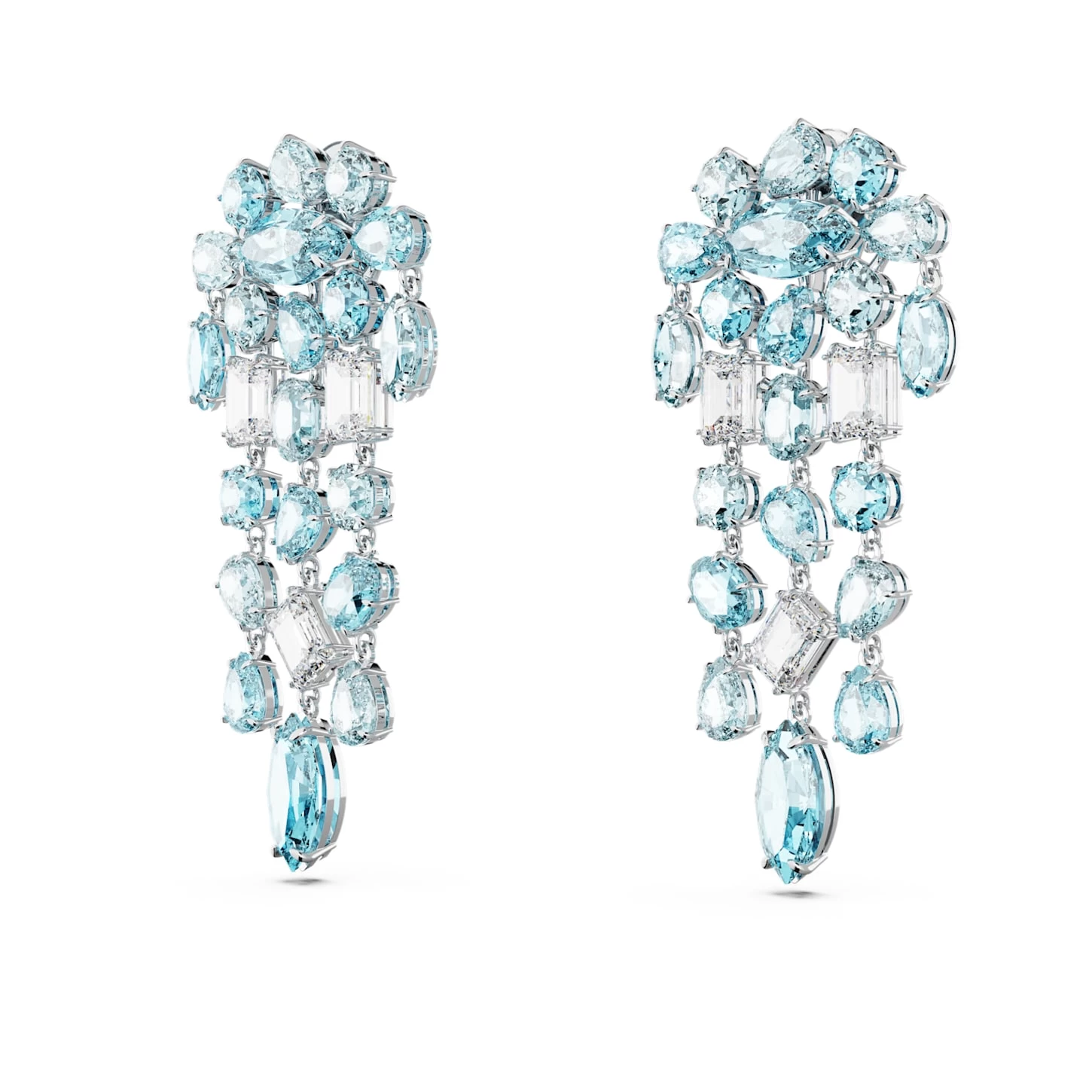 Swarovski Gema Clip Earrings Mixed Cuts, Chandelier, Extra Long, Blue, Rhodium Plated - Image 4