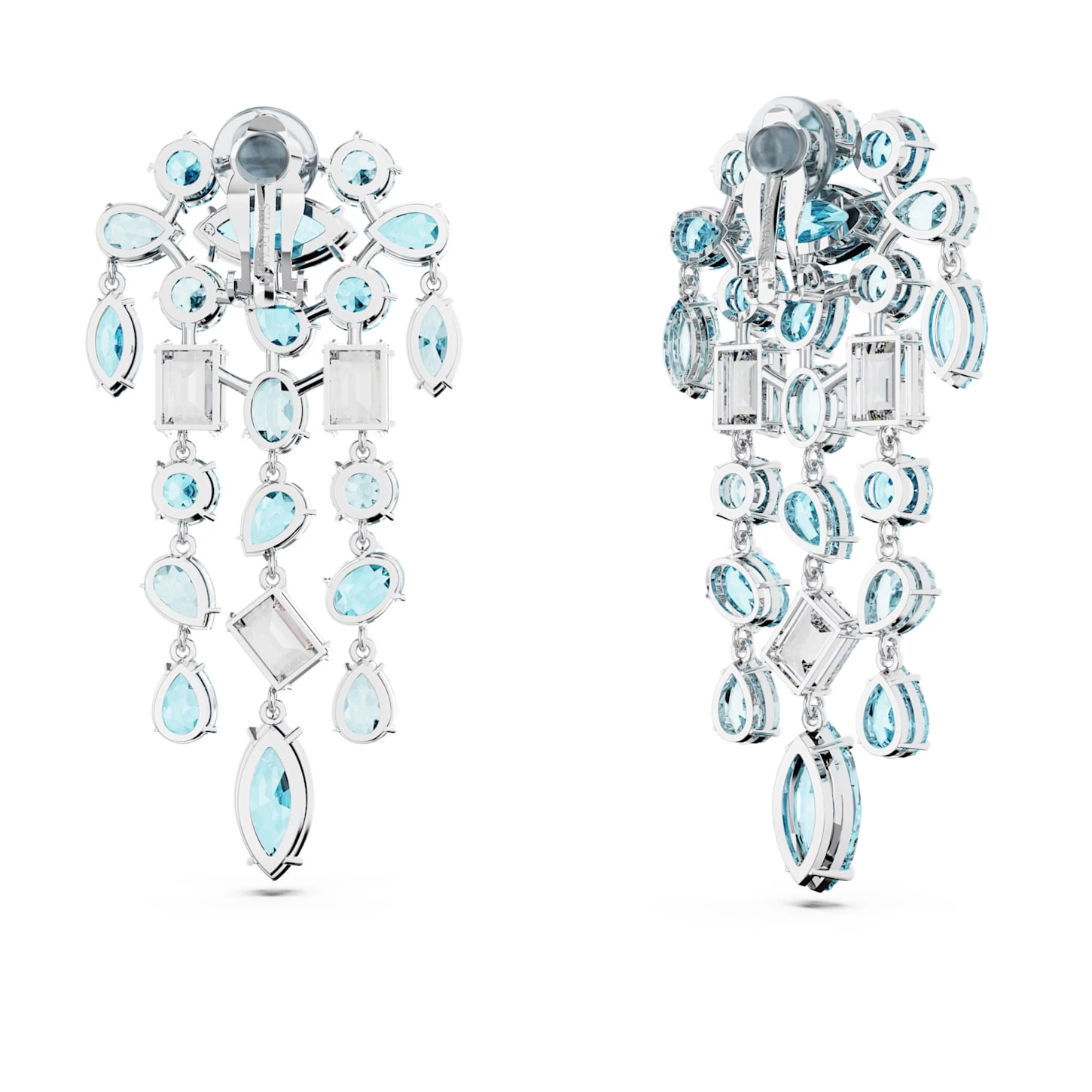 Swarovski Gema Clip Earrings Mixed Cuts, Chandelier, Extra Long, Blue, Rhodium Plated - Image 5