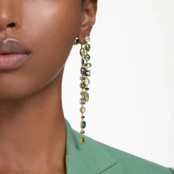 Swarovski Gema Drop Earrings Asymmetrical Design, Mixed Cuts, Extra Long, Green, Gold-tone Plated