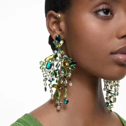 Swarovski Gema Ear Cuffs Asymmetrical Design, Mixed Cuts, Chandelier, Green, Gold-tone Plated
