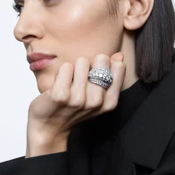 Swarovski Hyperbola Cocktail Ring Mixed Cuts, White, Rhodium Plated