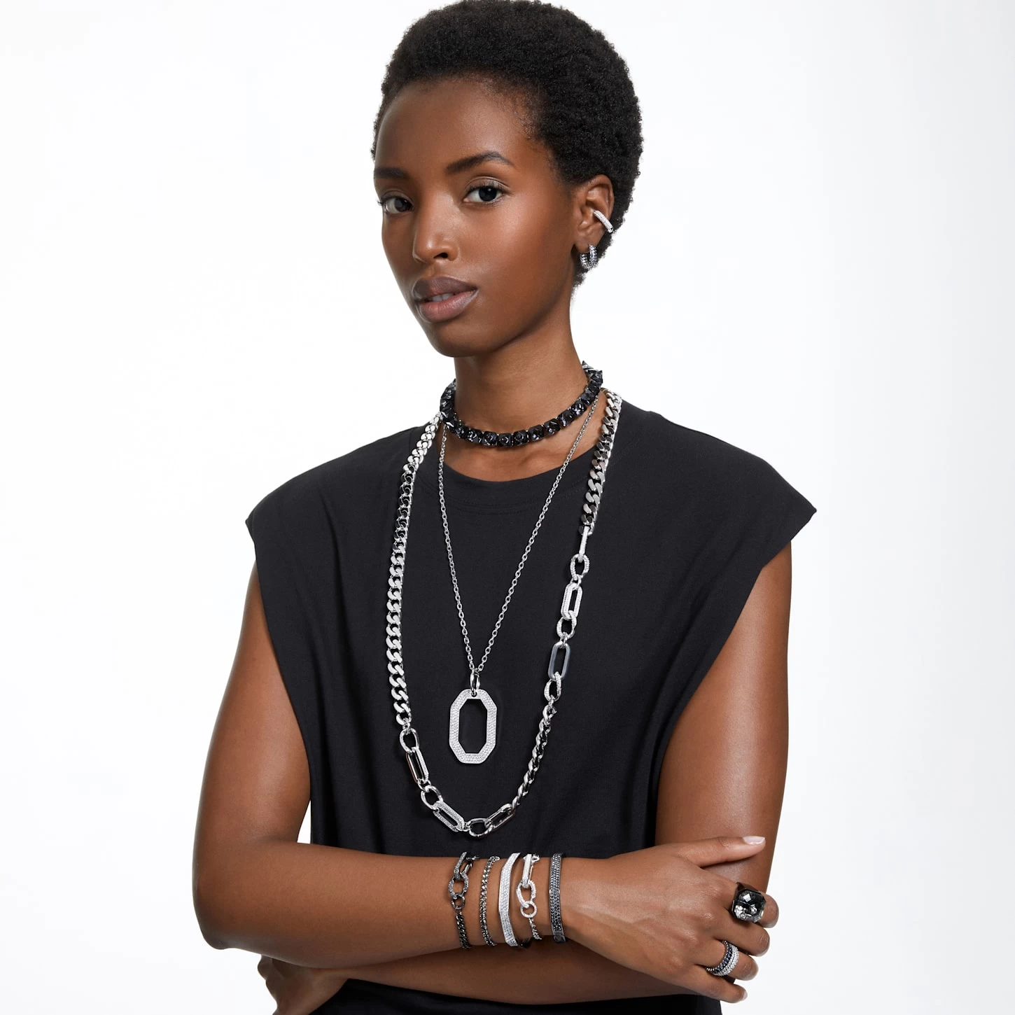 Swarovski Matrix Hoop Earrings Baguette Cut, Gray, Ruthenium Plated - Image 6