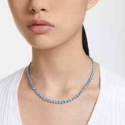 Swarovski Matrix Tennis Necklace Round Cut, Medium, Blue, Rhodium Plated