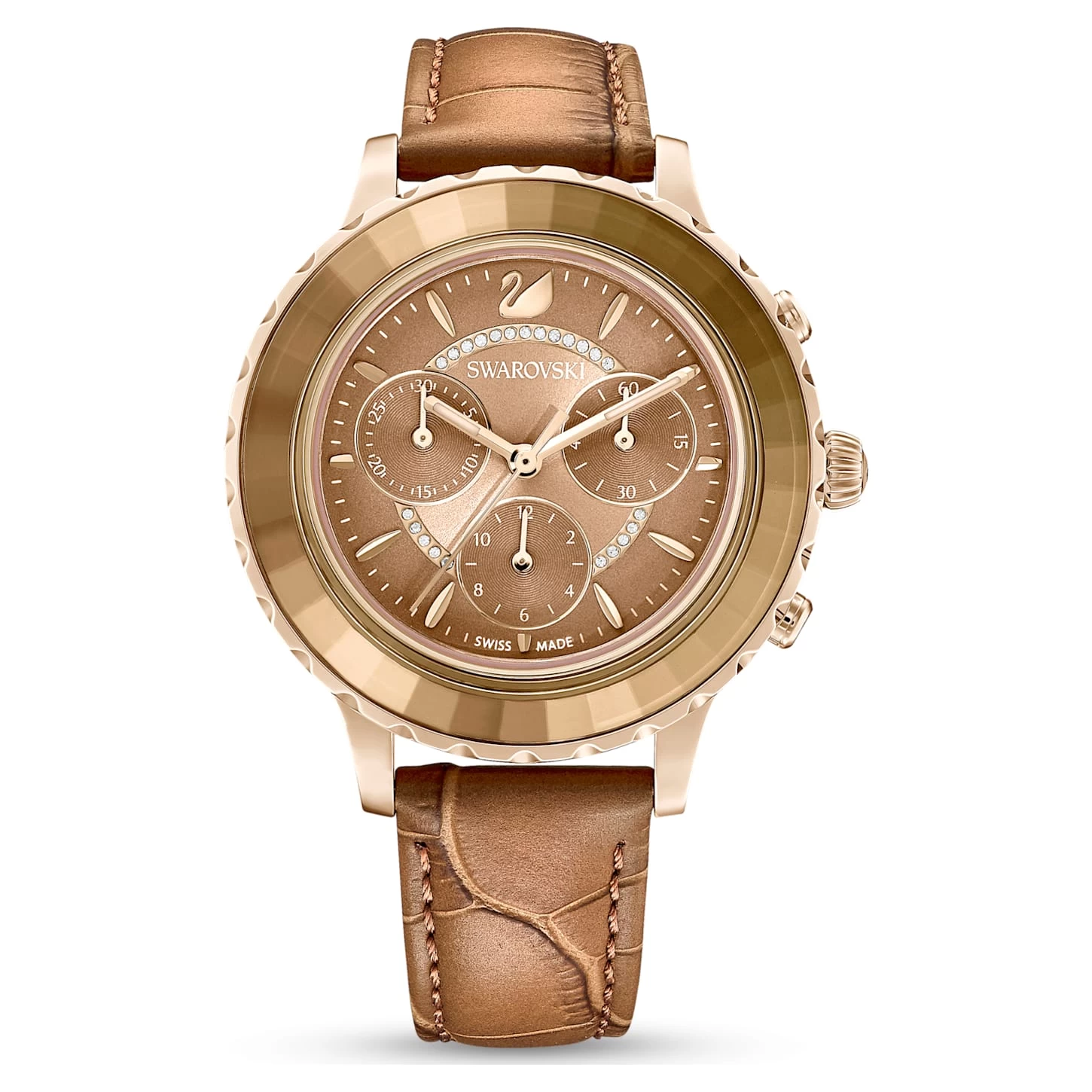 Swarovski Octea Lux Chrono Watch Swiss Made, Leather Strap, Brown, Gold-tone Finish - Image 2
