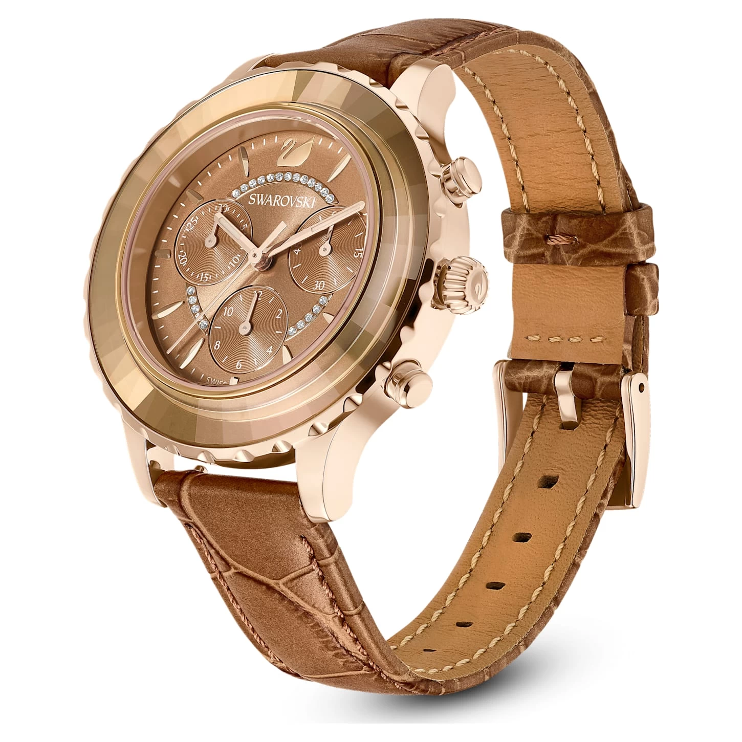 Swarovski Octea Lux Chrono Watch Swiss Made, Leather Strap, Brown, Gold-tone Finish - Image 3
