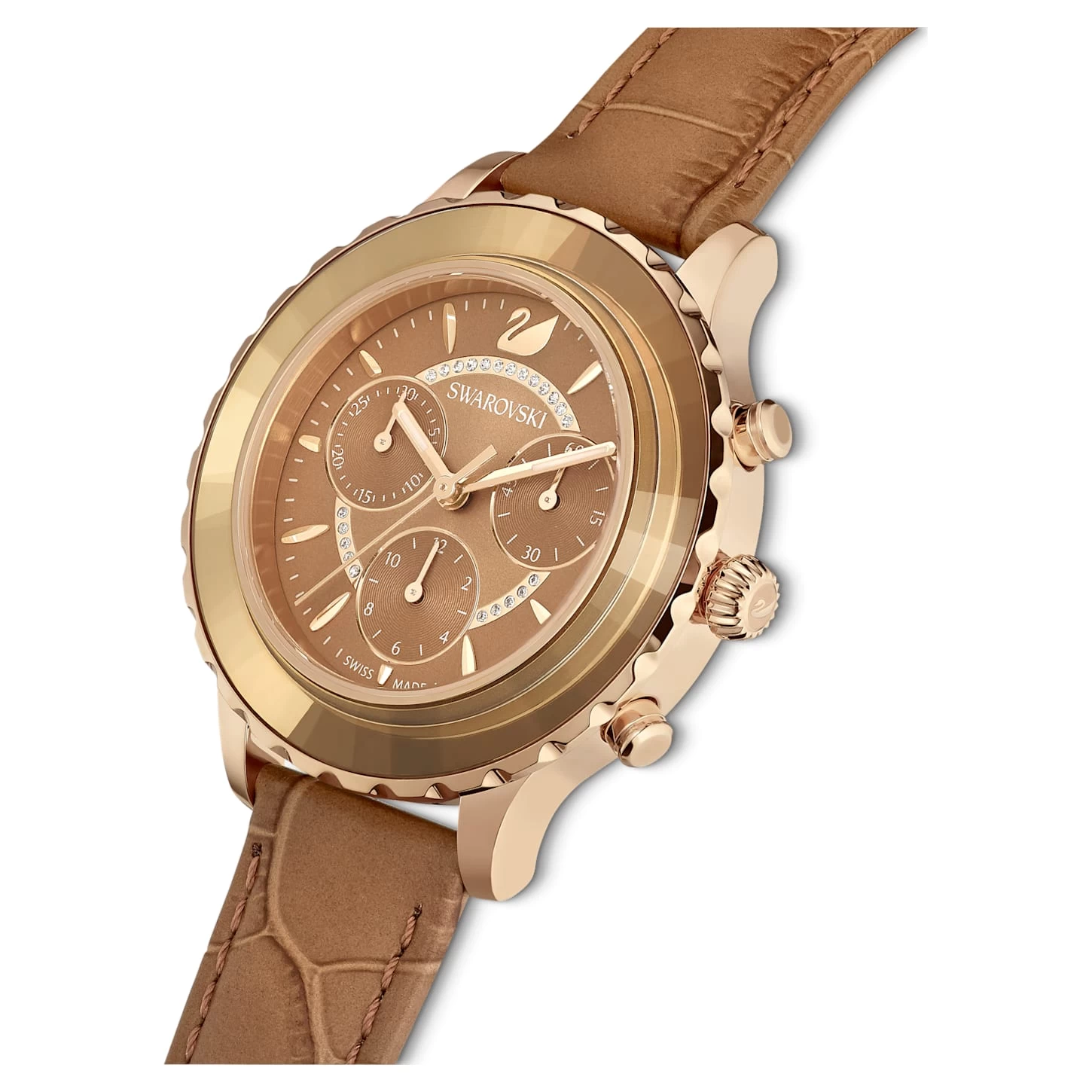 Swarovski Octea Lux Chrono Watch Swiss Made, Leather Strap, Brown, Gold-tone Finish - Image 5