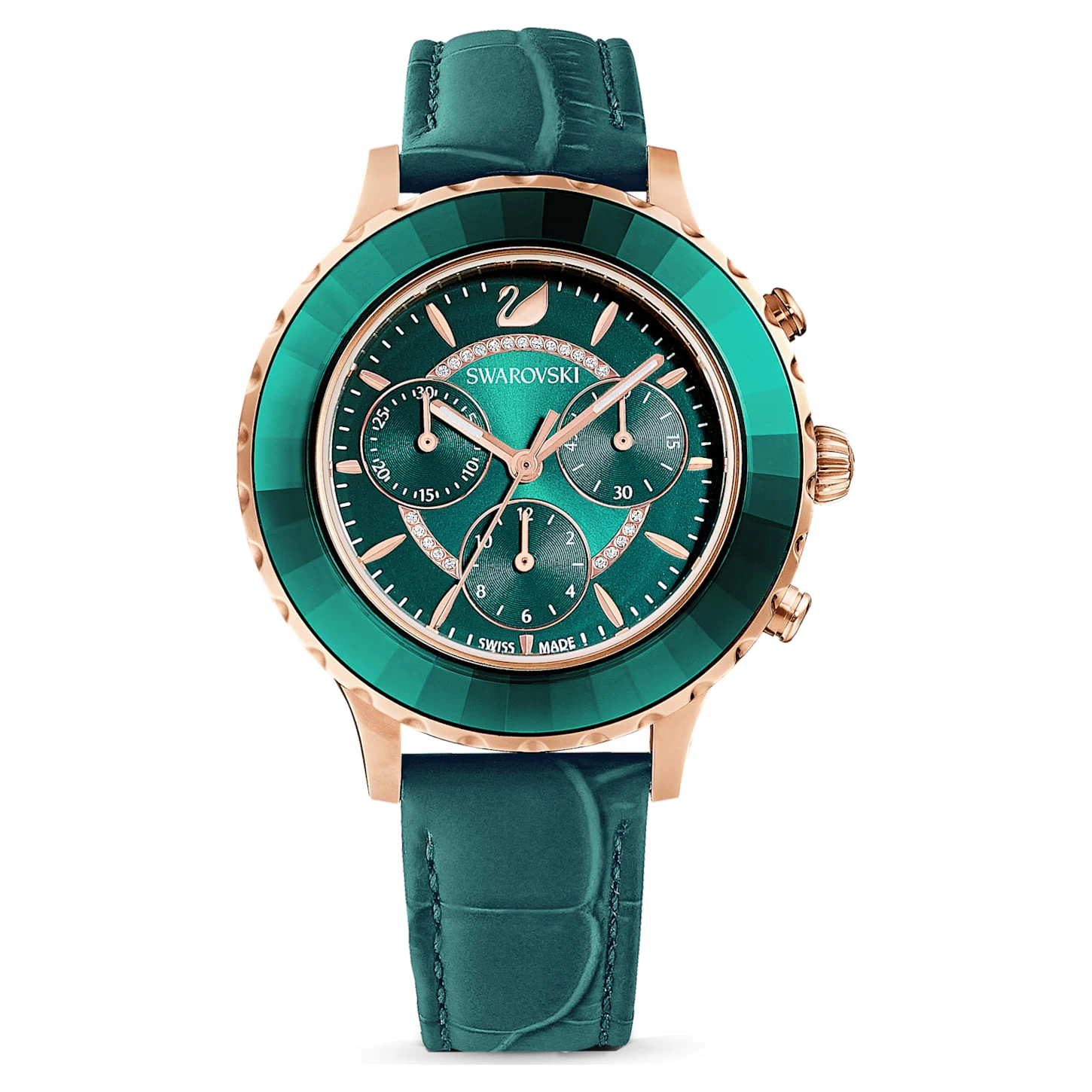 Swarovski Octea Lux Chrono Watch Swiss Made, Leather Strap, Green, Rose Gold-tone Finish - Image 2
