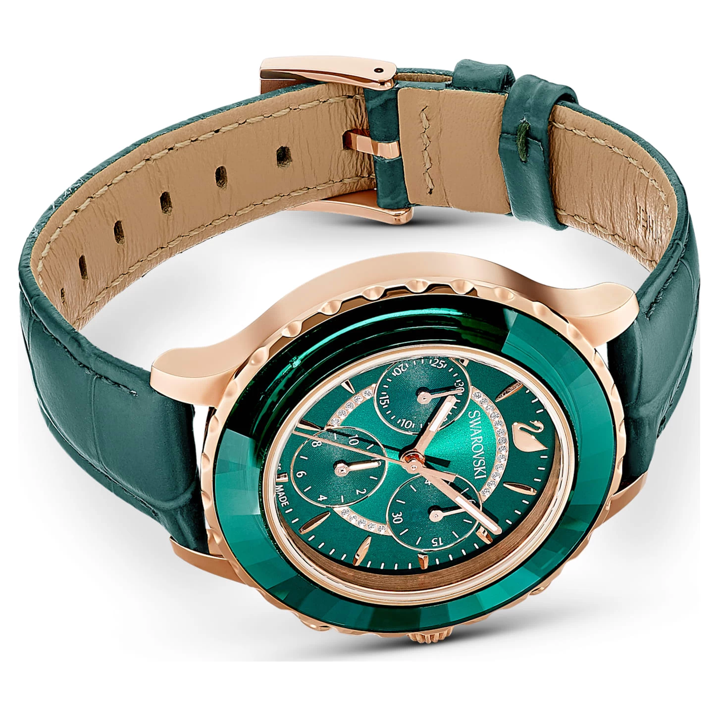 Swarovski Octea Lux Chrono Watch Swiss Made, Leather Strap, Green, Rose Gold-tone Finish - Image 4