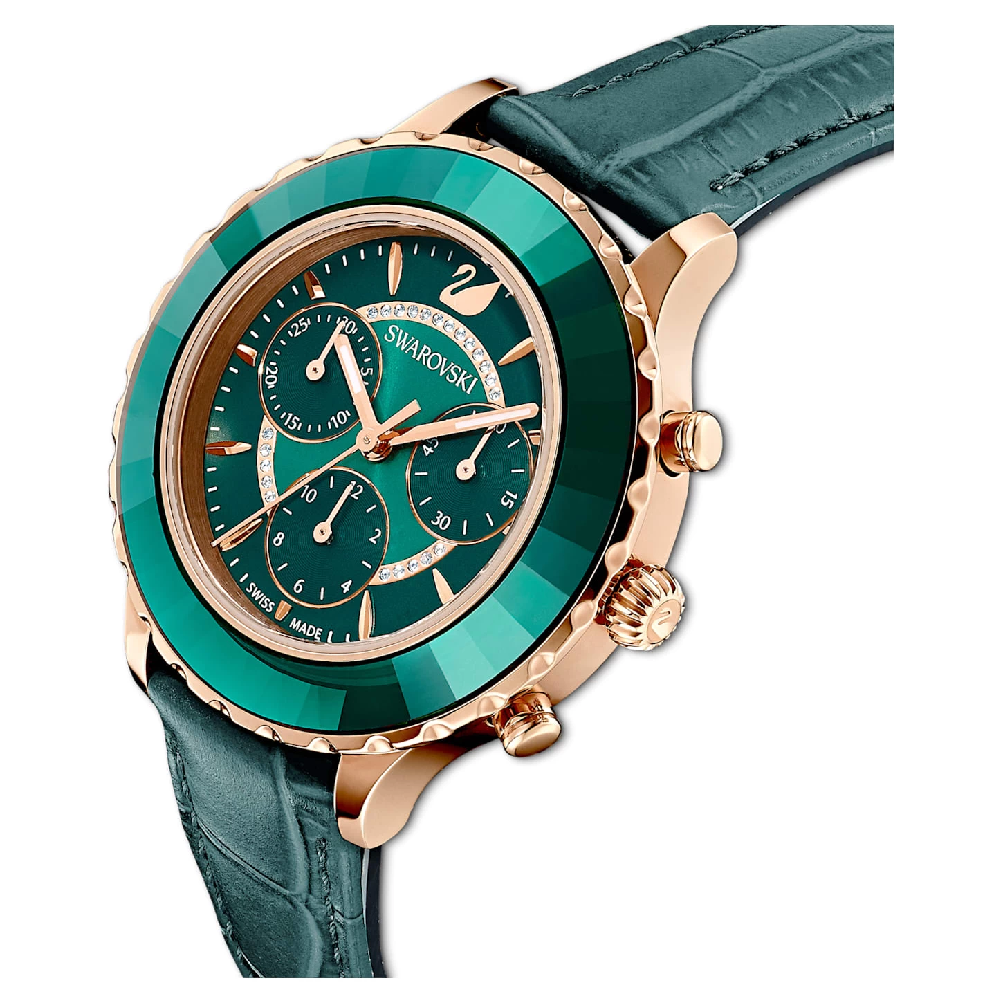 Swarovski Octea Lux Chrono Watch Swiss Made, Leather Strap, Green, Rose Gold-tone Finish - Image 5