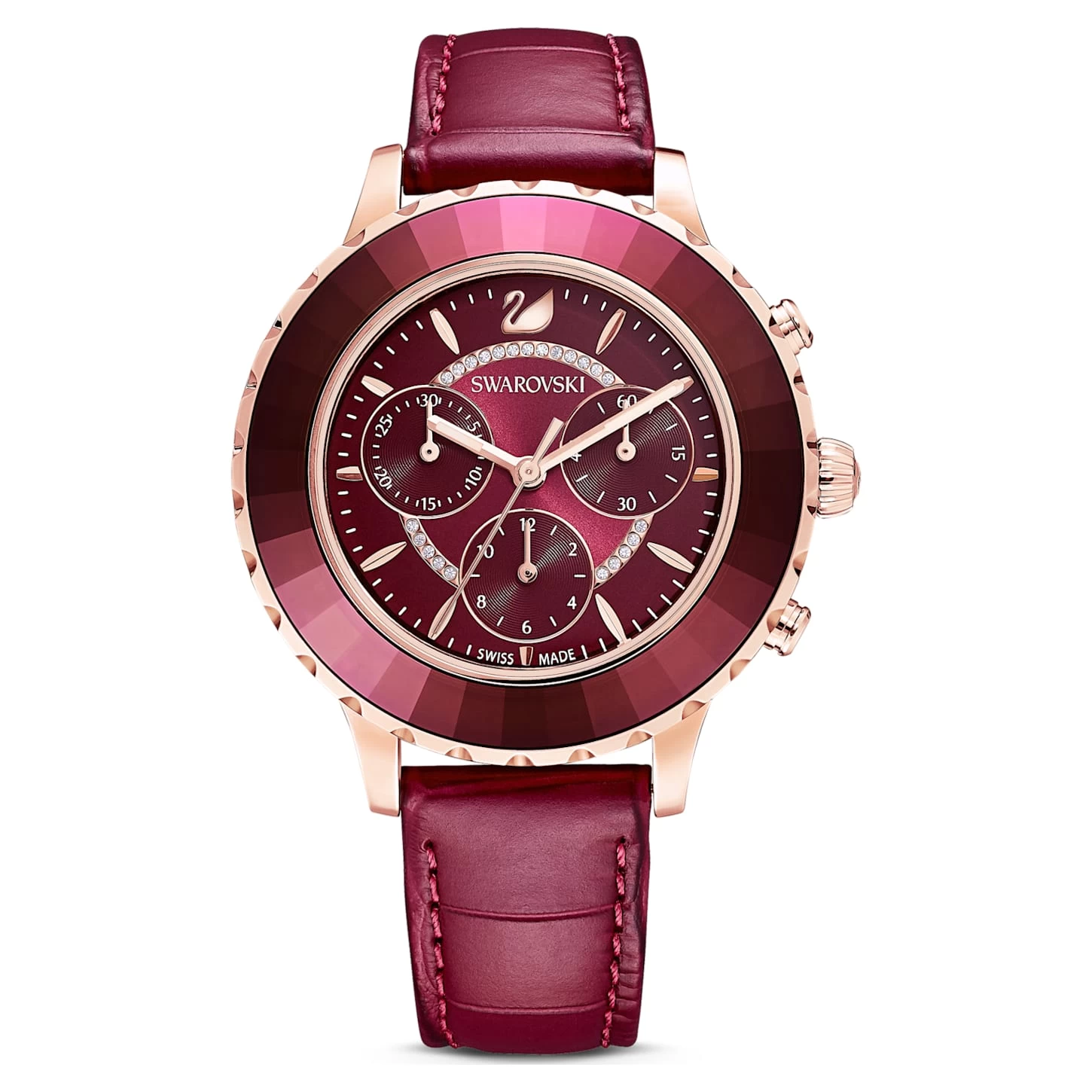 Swarovski Octea Lux Chrono Watch Swiss Made, Leather Strap, Red, Rose Gold-tone Finish - Image 2
