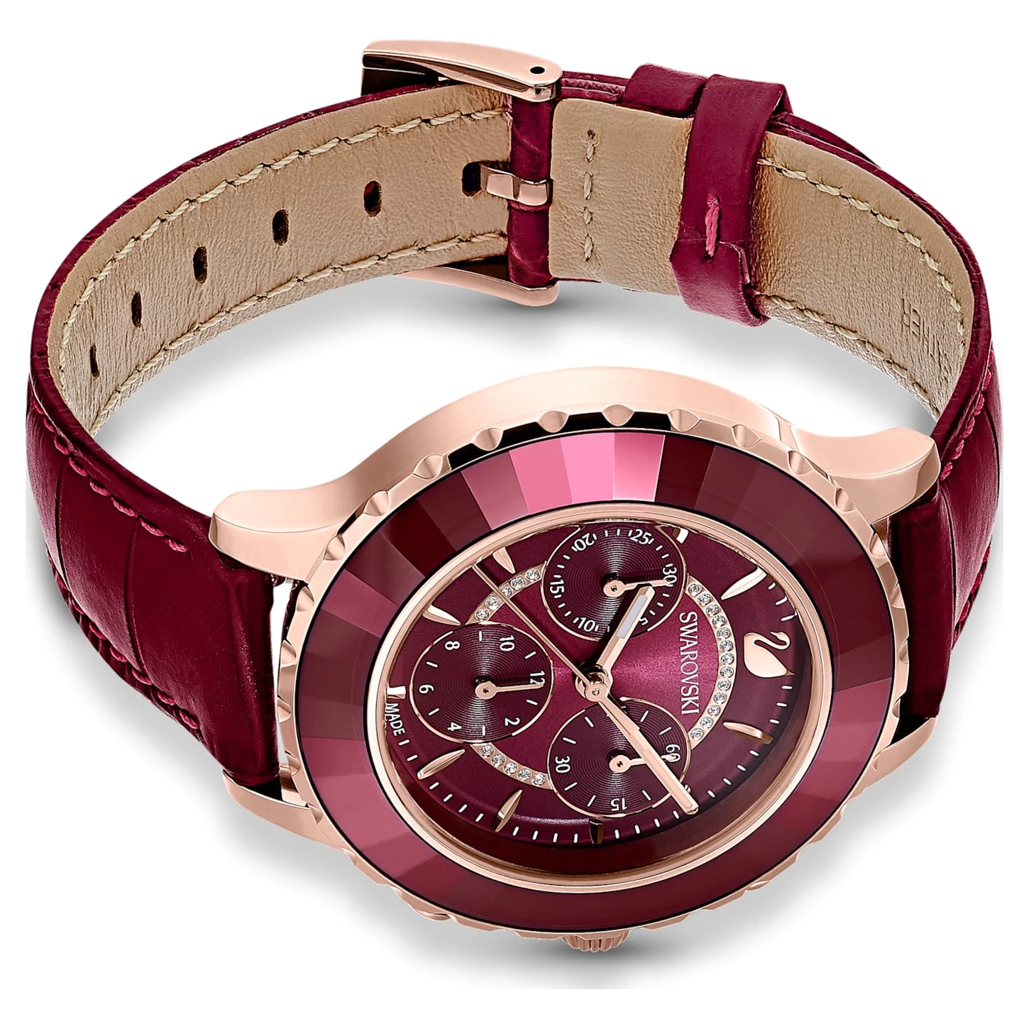 Swarovski Octea Lux Chrono Watch Swiss Made, Leather Strap, Red, Rose Gold-tone Finish - Image 4