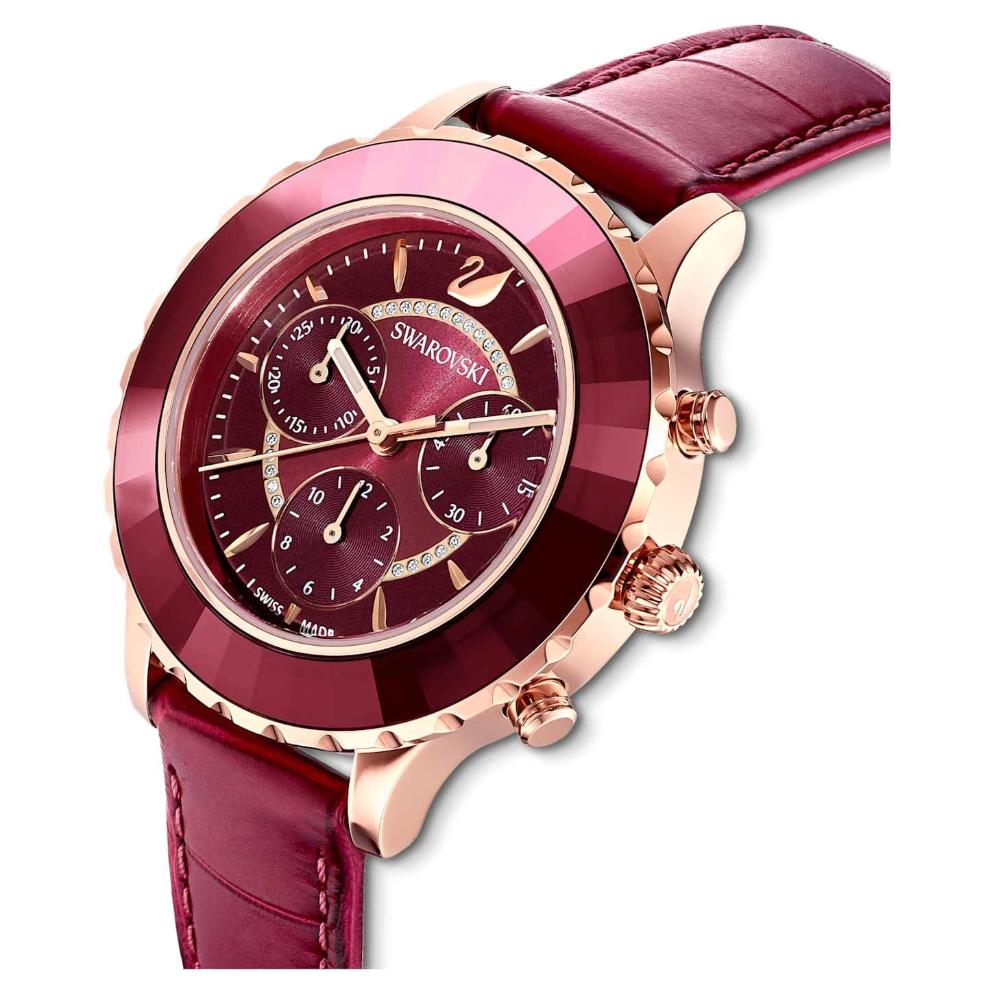Swarovski Octea Lux Chrono Watch Swiss Made, Leather Strap, Red, Rose Gold-tone Finish - Image 5