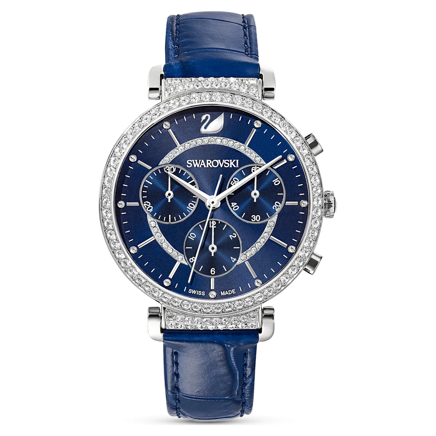 Swarovski Passage Chrono Watch Swiss Made, Leather Strap, Blue, Stainless Steel