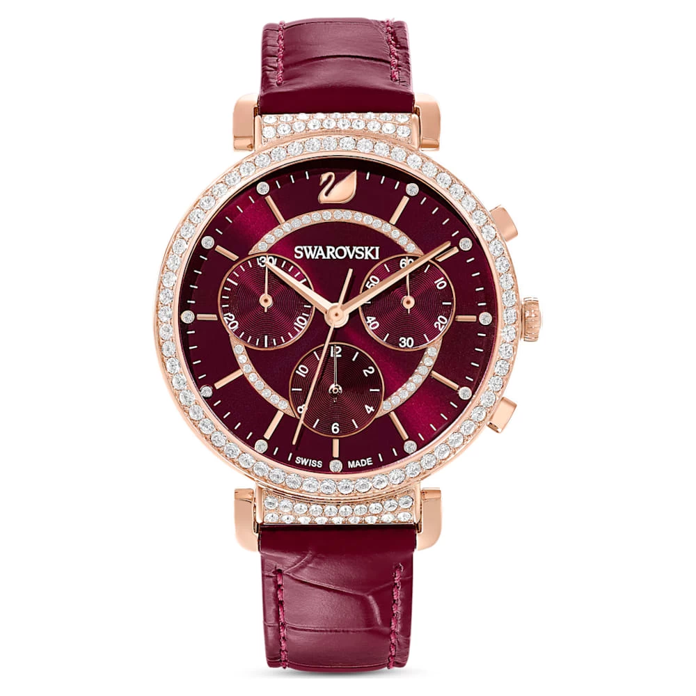 Swarovski Passage Chrono Watch Swiss Made, Leather Strap, Red, Rose Gold-tone Finish - Image 5